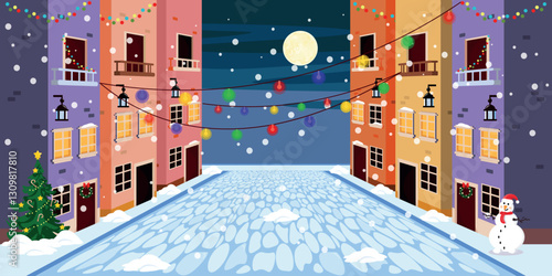 Vector illustration of a street decorated for the holidays. Cartoon scene of winter landscape of a night street with houses, road, shining garlands, snowman, Christmas tree,snowfall.New Year holidays.