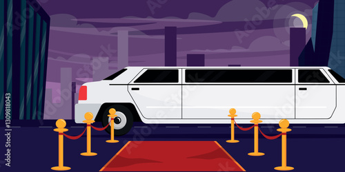 Vector illustration cityscape with luxury limousine. Cartoon scene star white limousine, red carpet, rope barrier, modern high-rise buildings. VIP party. Arrival of celebrities at the grand ceremony.