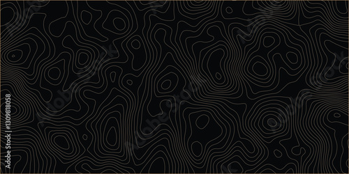 Topographic map relief texture with curved layers. line map with curvy wave. Black topographic paper texture background.

