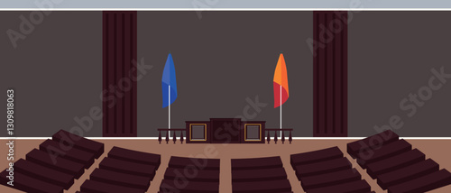 Vector illustration of a beautiful interior of the Supreme Court. Cartoon scene of a modern hall with a table of the judge and jury, railings with balusters, red and blue flags, seats for people.