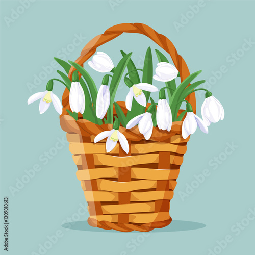 Delicate snowdrops in a wicker basket on an isolated background. Design element for wedding invitations, cards. Vintage Floral of Blooming violet. Vector Illustration.