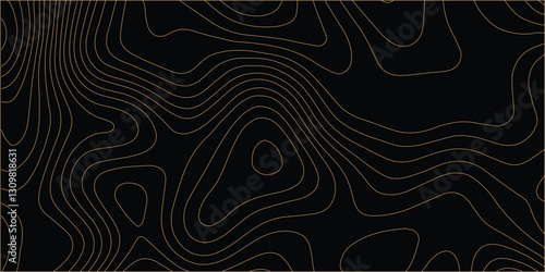 Topographic map relief texture with curved layers. line map with curvy wave. Black topographic paper texture background.
