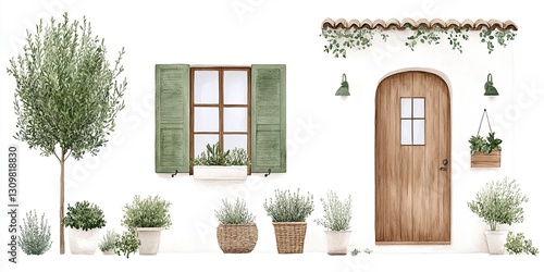 Mediterranean Cottage Charm: A collection of charming elements, perfect for crafting a cozy Mediterranean-style home. This charming set includes a wooden door, a window with green shutters.