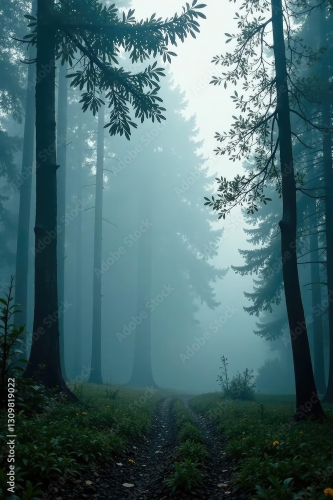 Naklejka premium Foggy forest scene with trees in misty atmosphere, forest, atmosphere, calm