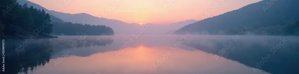 Fototapeta premium Foggy lake at dusk with mist rising from the water, reflection, natural, lake