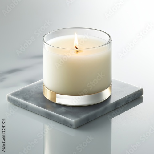 A luxury candle in a frosted glass container, resting on a polished marble slab with faint golden accents , isolated on a white background , High quality , No blur