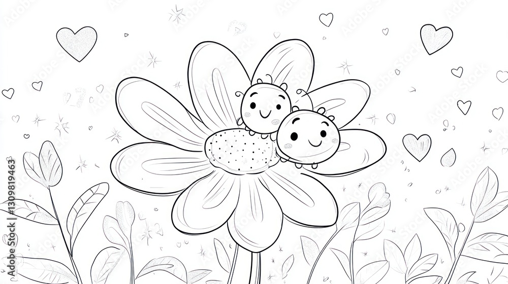 Fototapeta premium Cute ladybug couple on flower, whimsical background, coloring book