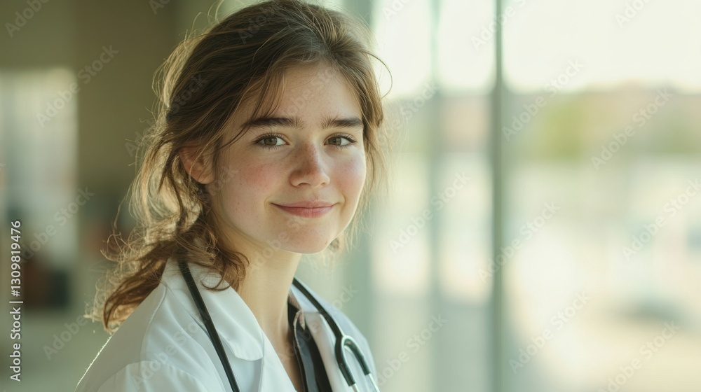 Young female doctor standing confidently in a bright modern clinic Young female doctor standing confidently in a bright modern clinic