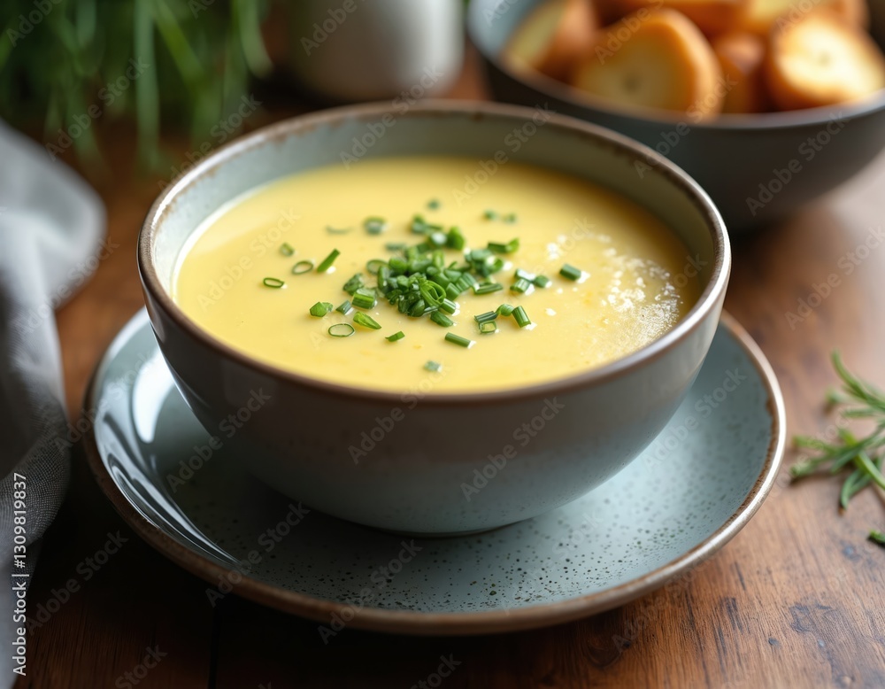 Creamy potato leek soup bowl close-up. Chives garnish. Vegetarian food served with bread croutons. Healthy warm meal, tasty dinner. Comfort food photography for restaurants. Culinary art. Creamy potato leek soup bowl close-up. Chives garnish. Vegetarian food served with bread croutons. Healthy warm meal, tasty dinner. Comfort food photography for restaurants. Culinary art.