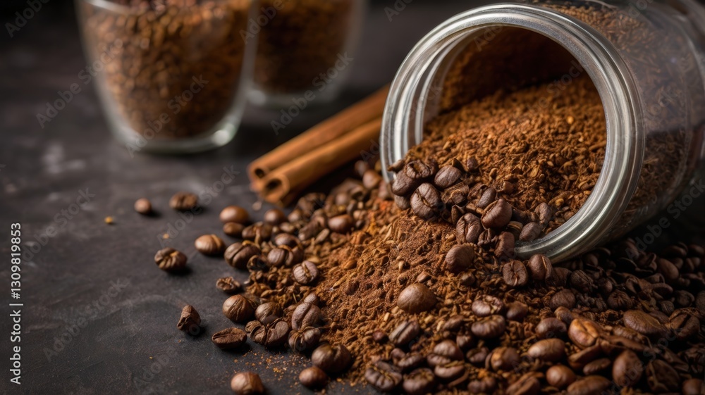 Aromatic coffee beans and freshly ground coffee in a rustic setting perfect for coffee lovers and enthusiasts Aromatic coffee beans and freshly ground coffee in a rustic setting perfect for coffee lovers and enthusiasts