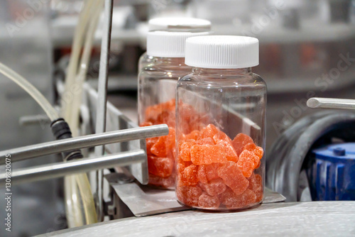 Nutraceutical gummy bears jars at the production line on a candy factory