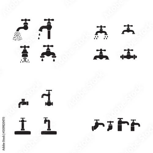 Minimalist water faucet icons, black silhouettes, plumbing symbols 