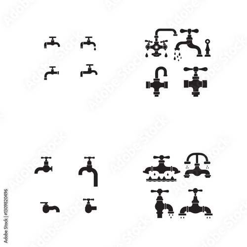 Minimalist water faucet icons, black silhouettes, plumbing symbols 