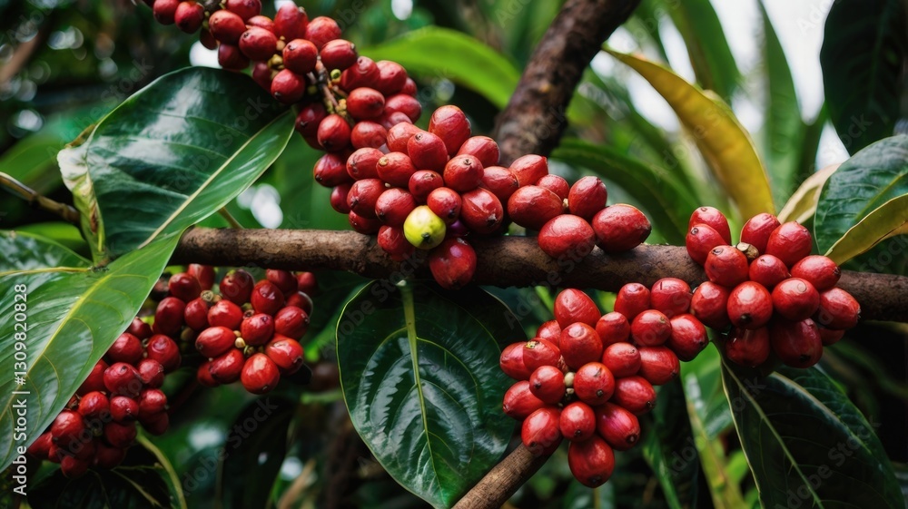 Lush coffee beans growing on a tree in a tropical environment showcasing the beauty of coffee planting Lush coffee beans growing on a tree in a tropical environment showcasing the beauty of coffee planting