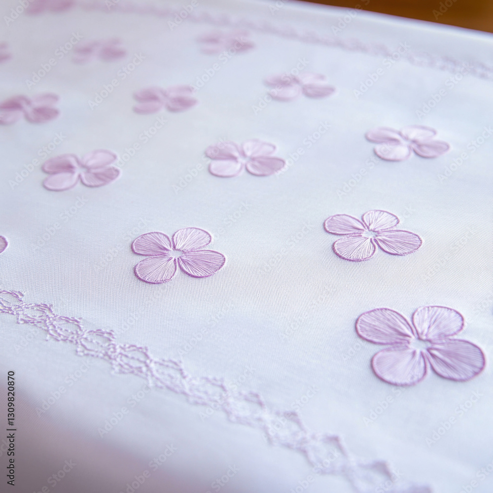 Close-up of delicate pink floral embroidery on white fabric, showcasing intricate craftsmanship and elegant design. Close-up of delicate pink floral embroidery on white fabric, showcasing intricate craftsmanship and elegant design.
