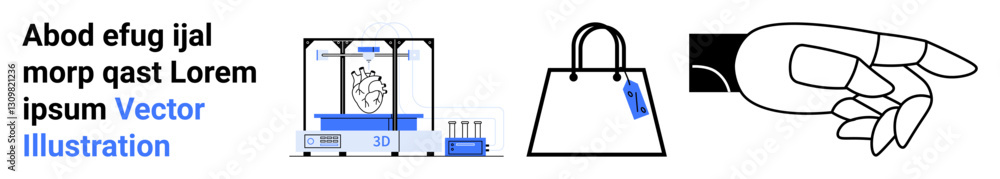 Naklejka premium 3D printer creating heart model, shopping bag with label, hand holding small object. Ideal for technology, healthcare, e-commerce, innovation, customization, minimalism flat landing page banner