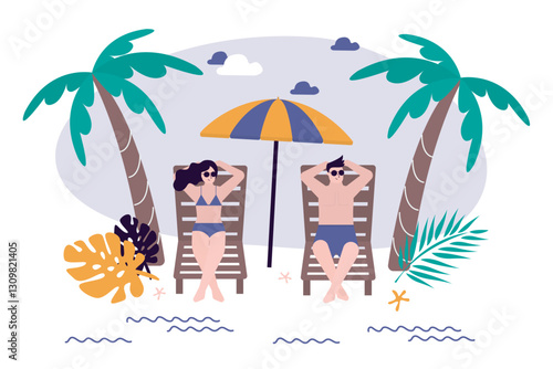 Summertime, concept. Tourists lying on deck chairs sunbathing under beach umbrella. Sea shore with palm trees, exotic hotel. Love couple on summer vacation, tropical resort.