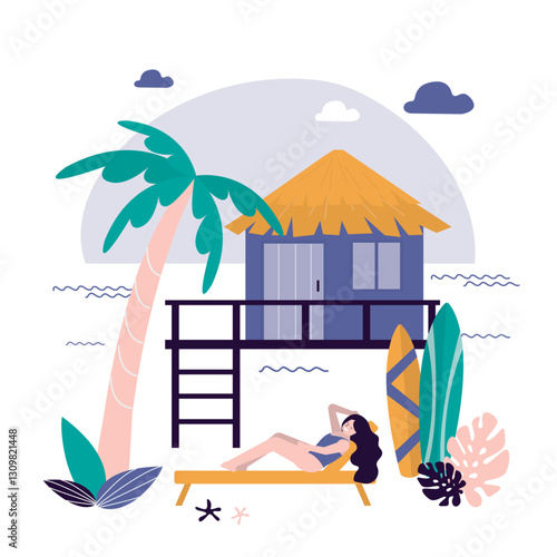 Shack house on beachfront, bungalow country building cottage on ocean shore. Tourist woman lying on deck chair sunbathing.