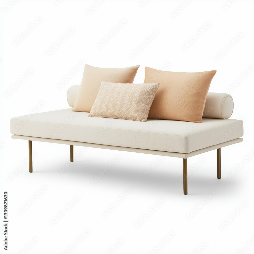 Obraz premium A plush daybed in cream fabric with brass legs, styled with patterned throw pillows , isolated on a white background