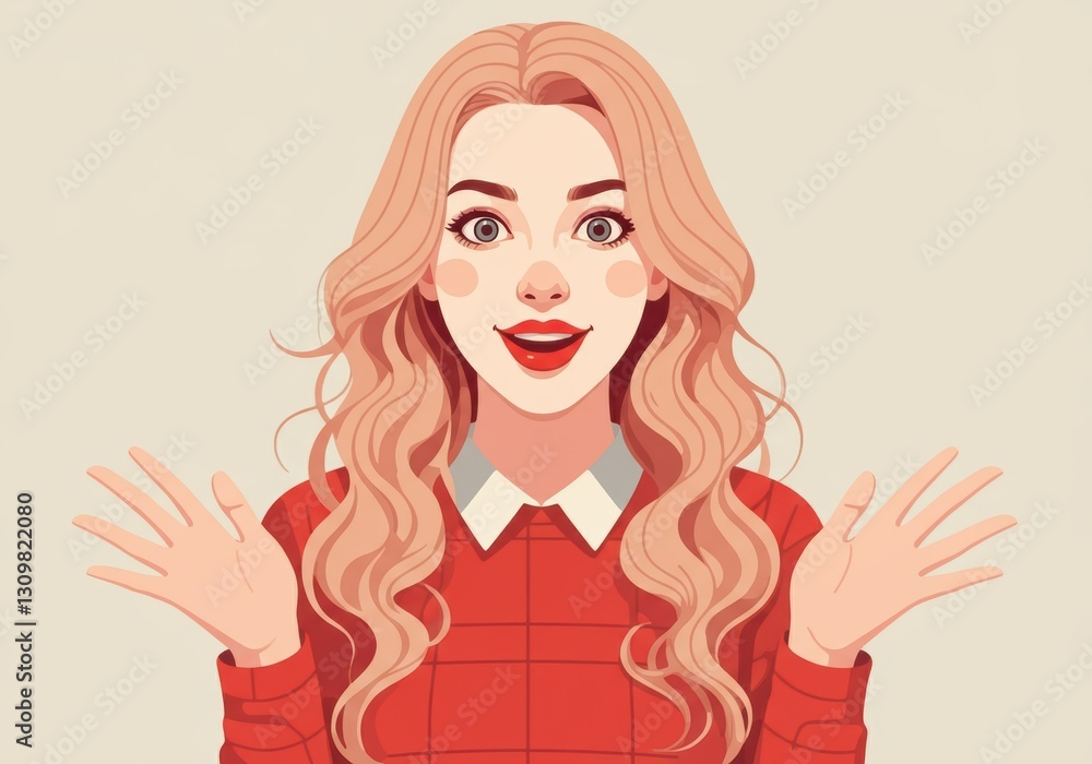 Cheerful woman with long wavy hair expressing excitement and joy Cheerful woman with long wavy hair expressing excitement and joy