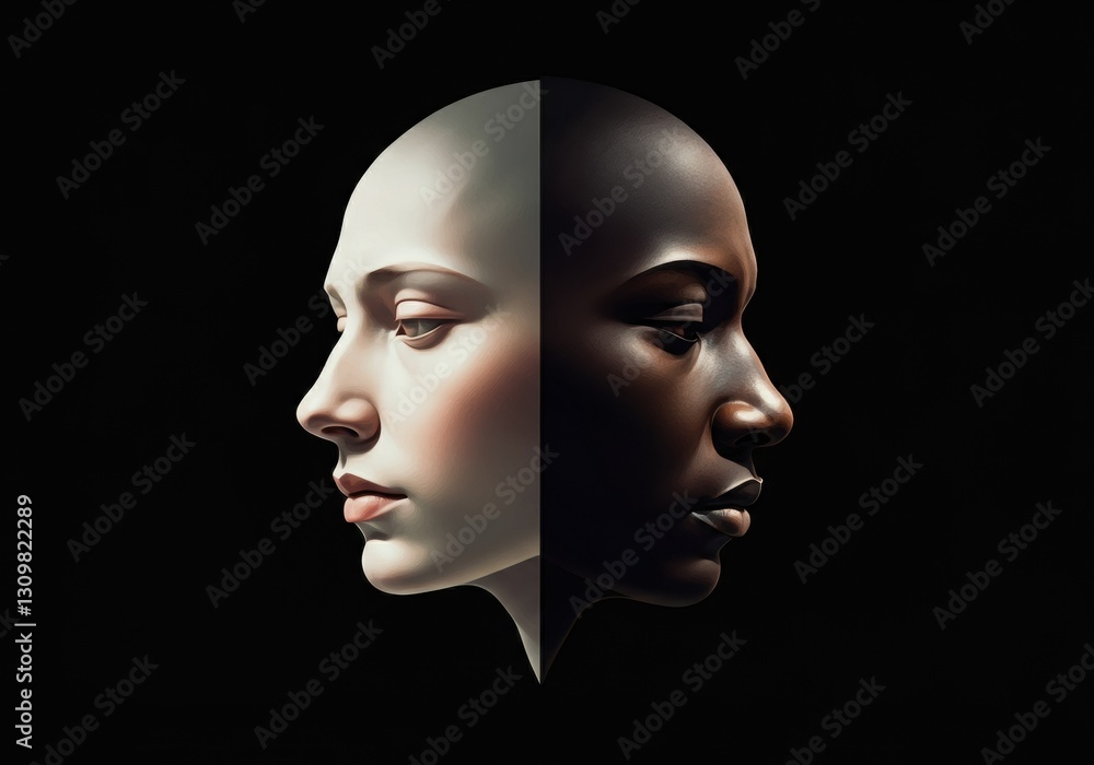 Artistic representation of two contrasting faces highlighting diversity and beauty Artistic representation of two contrasting faces highlighting diversity and beauty