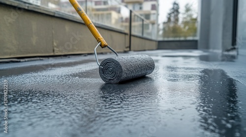 Applying waterproofing sealant to a rooftop terrace