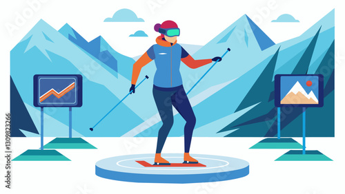 With a virtual reality headset on a biathlete stands on a platform mimicking the motions of skiing in place. The screens surrounding them show a. Vector illustration