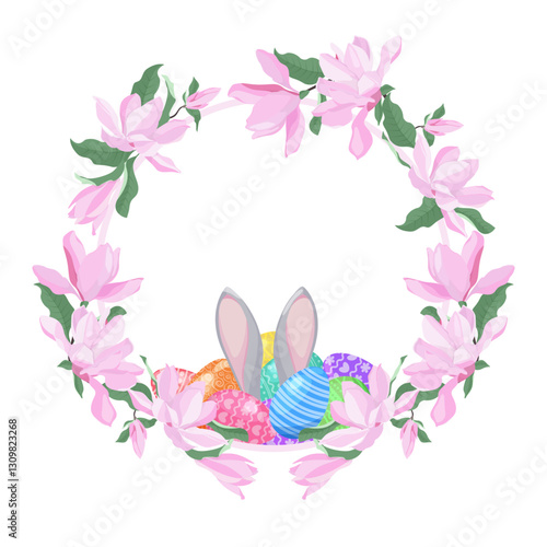 Vector Easter wreath of Easter eggs, flowers magnolia and rabbit ears on white isolated background. Easter greeting card. Illustration.