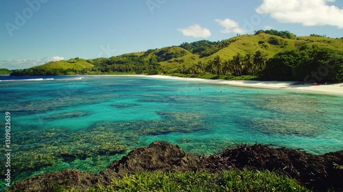 Tropical Island Beach Scene with Coral Reef