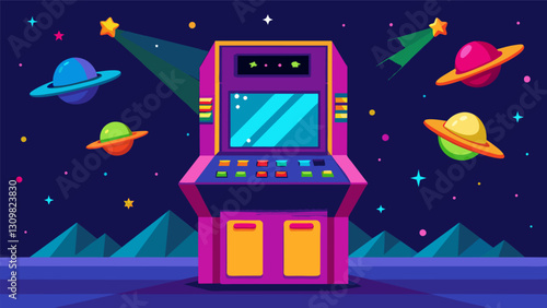 A giant Galaga arcade machine its glowing marquee drawing players in with promises of high scores and intense space battles.. Vector illustration