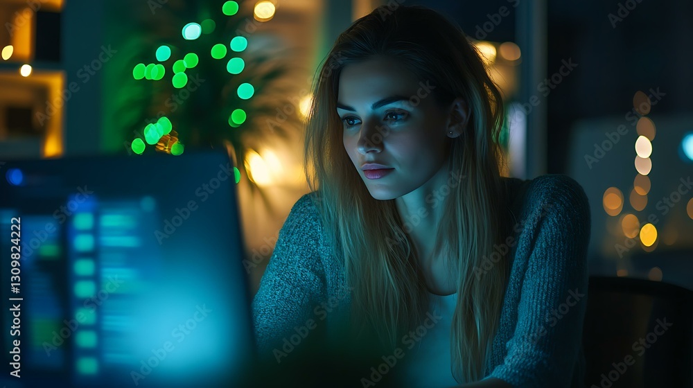 A young businesswoman coding late into the night, green decorative lights making her office space feel cozy yet professional A young businesswoman coding late into the night, green decorative lights making her office space feel cozy yet professional