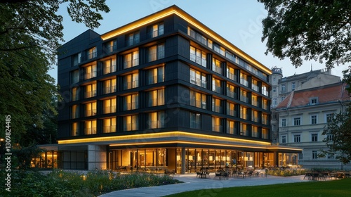 Modern hotel facade at dusk, urban park setting, illuminated restaurant area photo