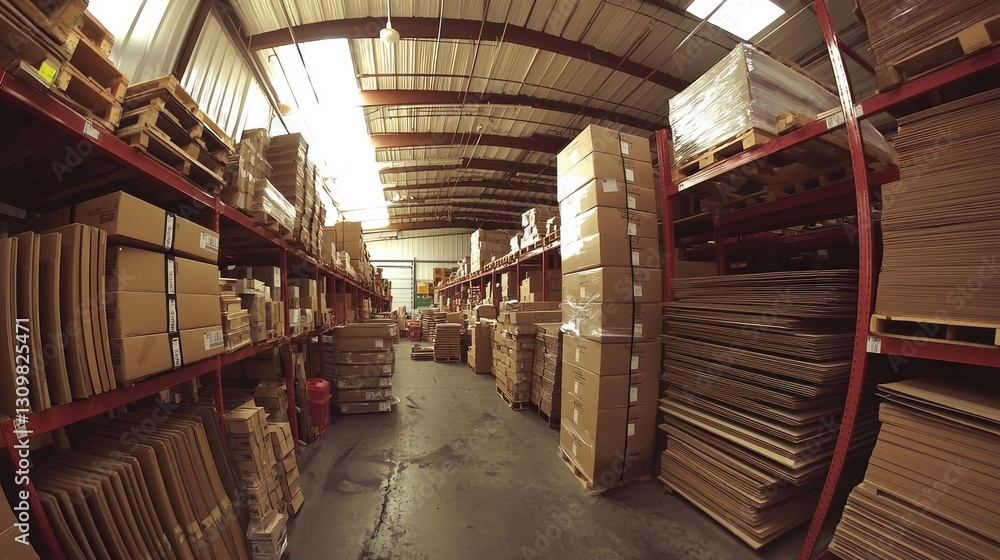 Obraz premium Warehouse interior, cardboard boxes, shelves, pallets, sunlight
