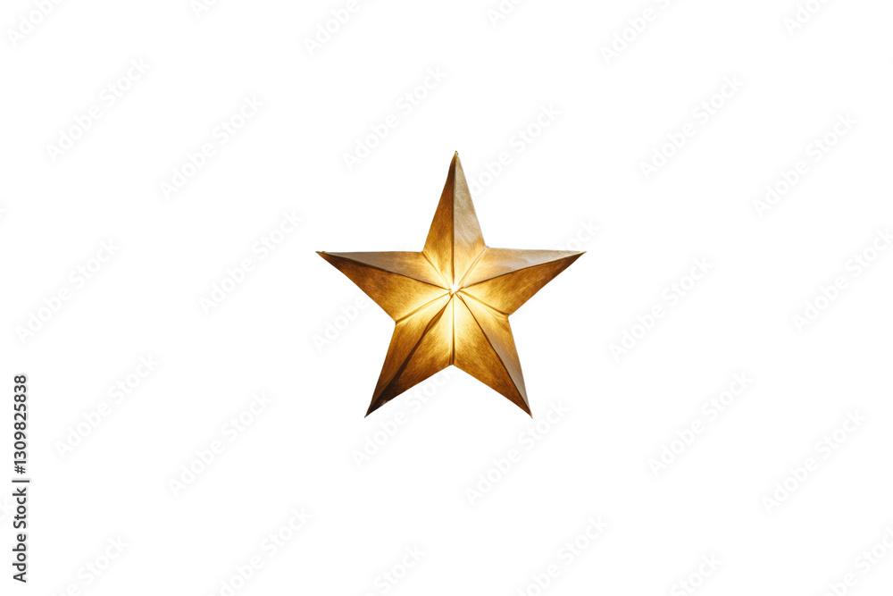 Obraz premium A glowing gold star-shaped light hanging delicately from a string, casting a soft, warm glow against a deep, dark background, evoking a cozy and festive atmosphere.