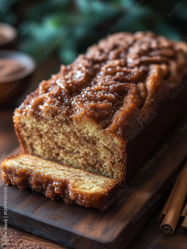Moist cinnamon loaf cake with a sweet glaze served on a wooden platter in a warm kitchen setting Moist cinnamon loaf cake with a sweet glaze served on a wooden platter in a warm kitchen setting