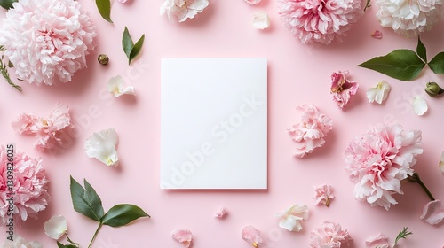 Elegant Pink Peonies Floral Arrangement Blank Card Mockup Feminine Spring Design Pastel Flowers Wedding Invitation Template Pretty Botanical