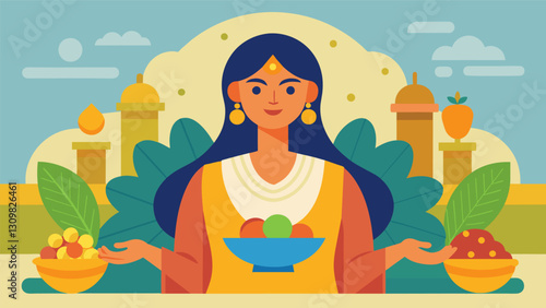 The stoic womans presence in the market serves as a reminder to others that true happiness lies not in material wealth but in inner peace.. Vector illustration