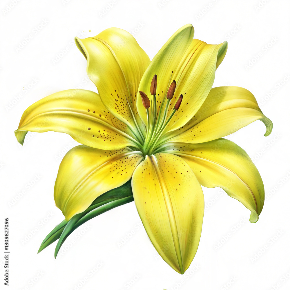 Fototapeta premium Detailed illustration of a blooming yellow lily with green leaves