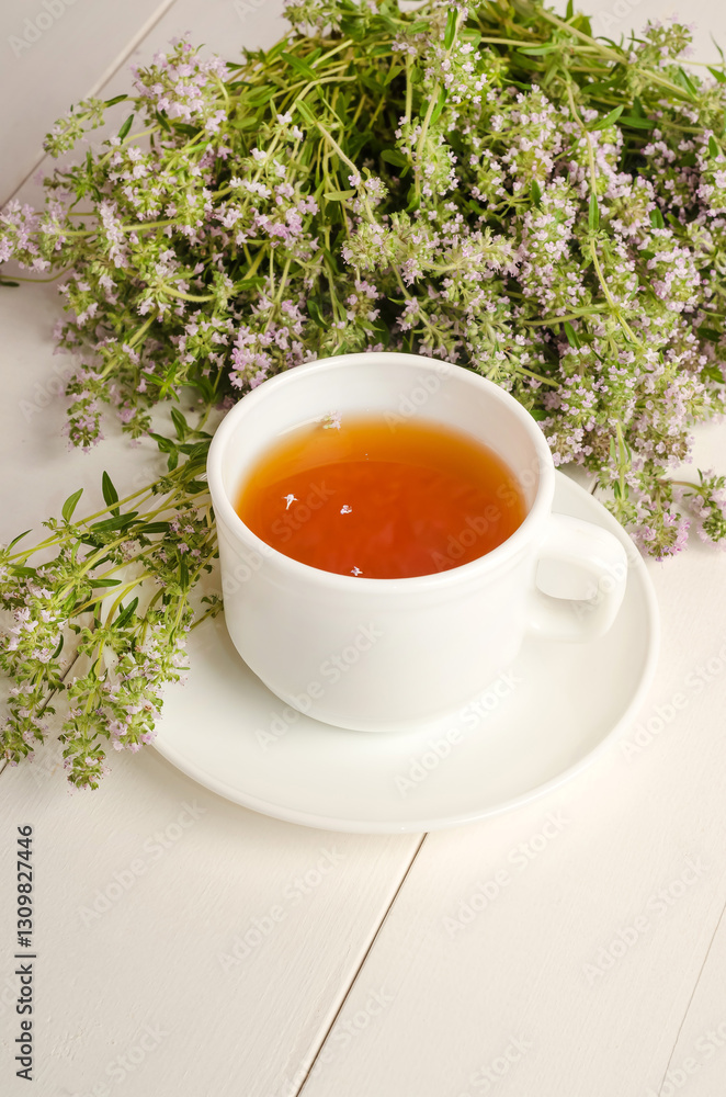 Herbal tea with thyme in a white cup on a white wooden background with a bouquet of blooming herbs with selective focus Herbal tea with thyme in a white cup on a white wooden background with a bouquet of blooming herbs with selective focus