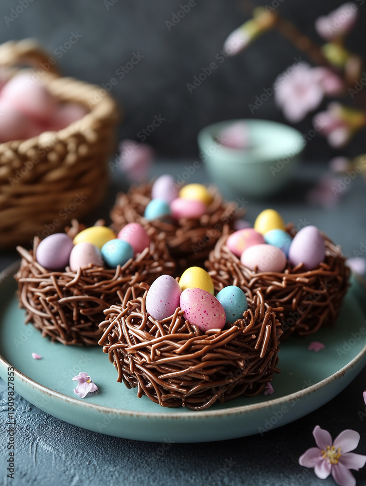 Colorful Easter egg nests displayed on a teal plate with a floral backdrop in a cozy kitchen setting Colorful Easter egg nests displayed on a teal plate with a floral backdrop in a cozy kitchen setting