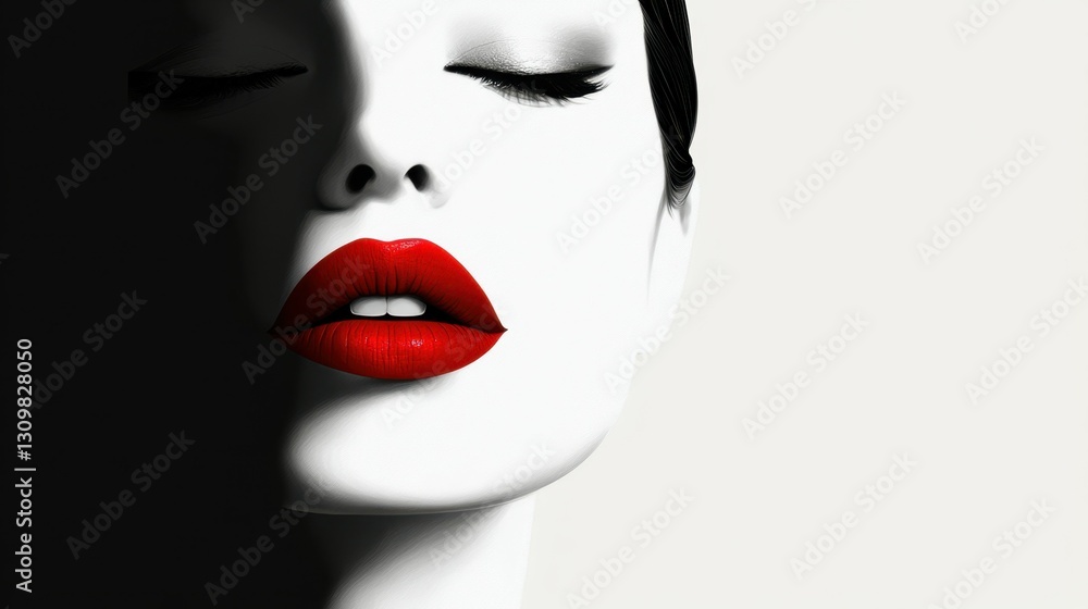 Minimalist Black and White Portrait of a Woman with Bold Red Lips and Closed Eyes Minimalist Black and White Portrait of a Woman with Bold Red Lips and Closed Eyes