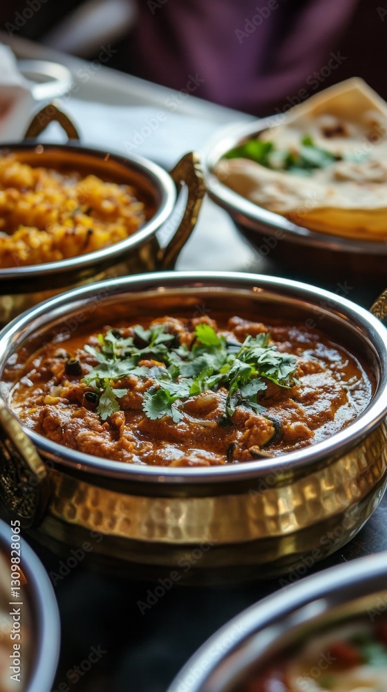 Savor the rich flavors of authentic Indian curry, beautifully presented in an intricately designed brass bowl. Fresh cilantro crowns the dish, inviting a delightful culinary experience Savor the rich flavors of authentic Indian curry, beautifully presented in an intricately designed brass bowl. Fresh cilantro crowns the dish, inviting a delightful culinary experience