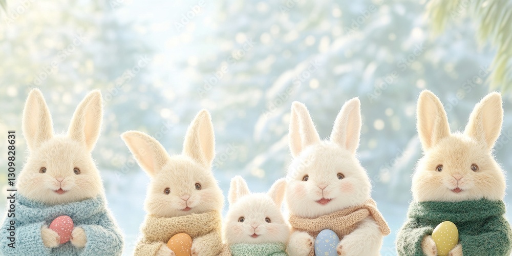 Obraz premium Easter Bunny Family: A delightful gathering of adorable Easter bunnies, each holding a vibrantly colored egg, posing in front of a snowy winter backdrop.