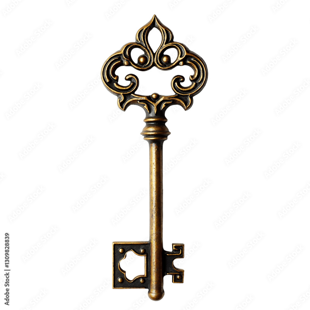 Decorative antique ornated key made of metal with ornate floral design on isolated white background Decorative antique ornated key made of metal with ornate floral design on isolated white background