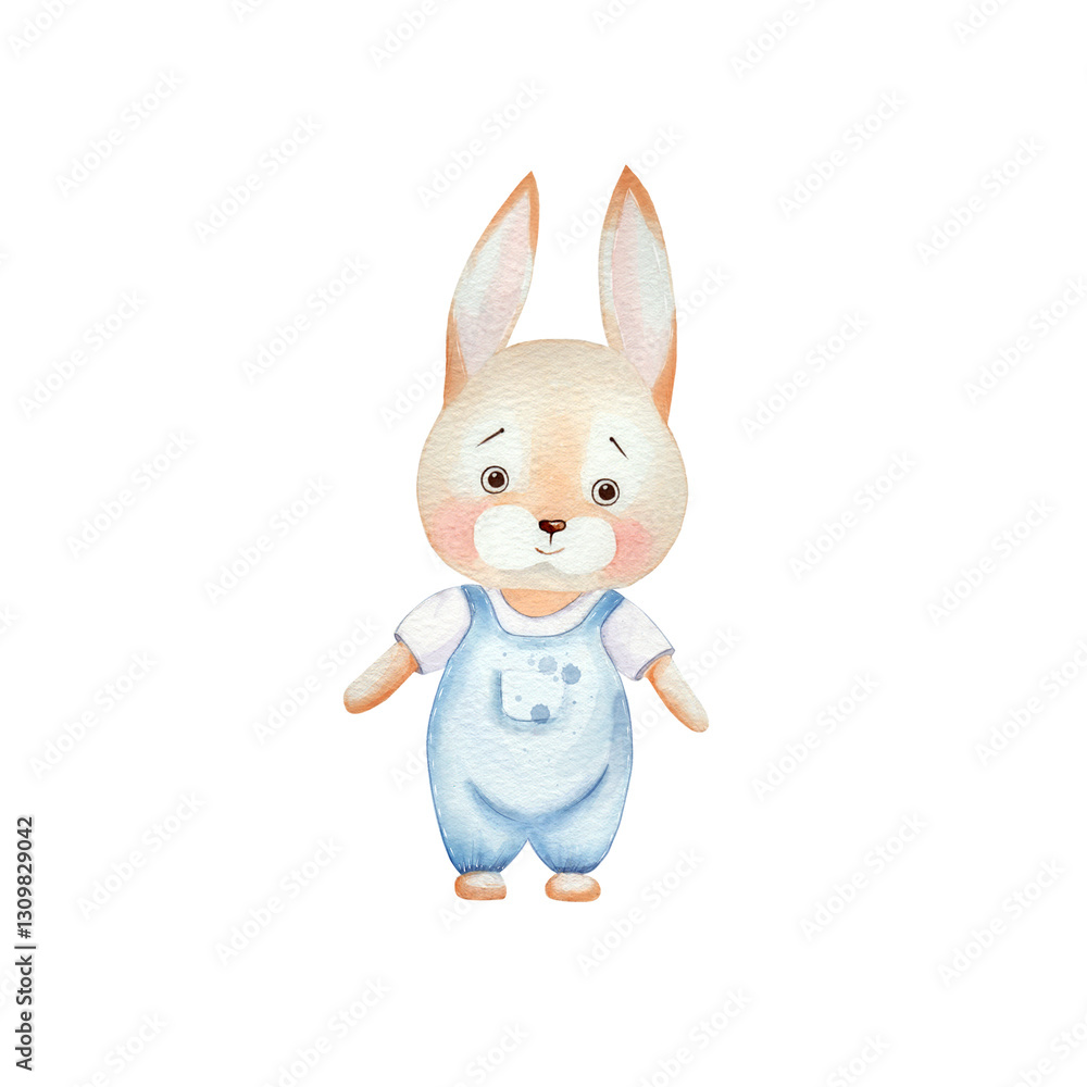 Obraz premium Happy baby bunny in blue overalls. Watercolor illustration, isolated on a white background. Hand drawn. For children's birthday, Easter, cards, banners, textiles