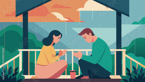 Rain or shine the couple can be found sitting on their porch heads bowed in prayer grateful for each others love and companionship.. Vector illustration