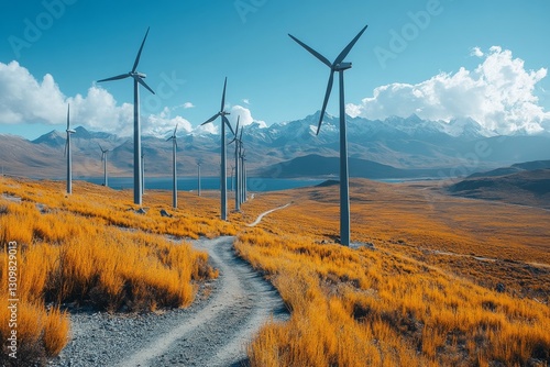 A Pathway to Clean Energy: Wind Turbines Standing Tall Against a Backdrop of Majestic Mountains and Golden Grasslands Under a Bright Blue Sky.