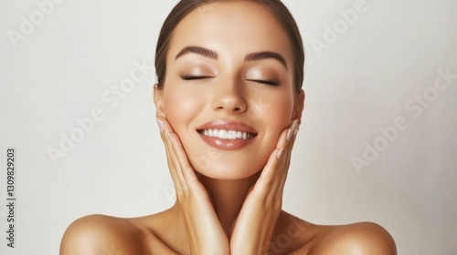 Portrait of beautiful woman. Happy model touching face after facial laser aesthetics, chemical peel and clean dermatology