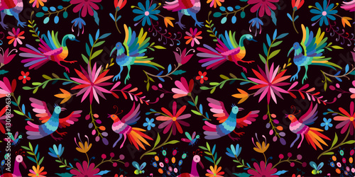 Folk Otomi style graphic, wallpaper. Seamless Pattern with birds and flowers on black
