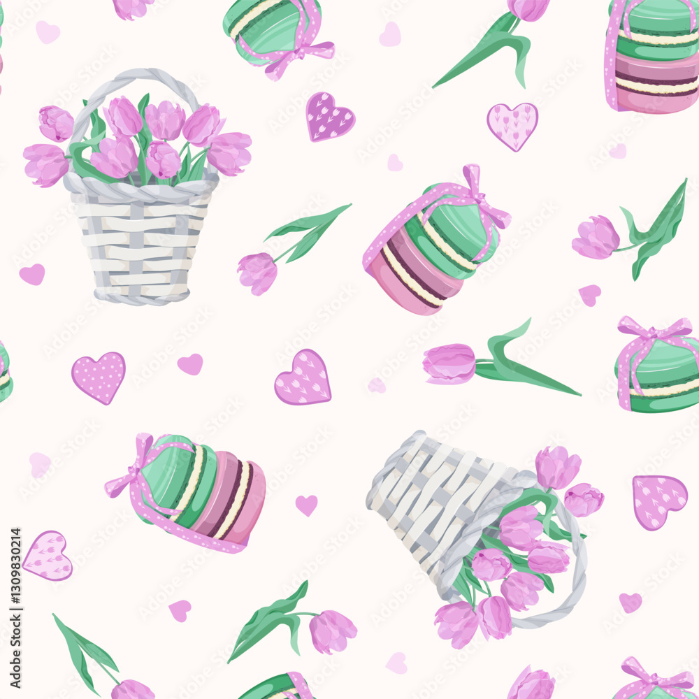 Different tastes and colors macaroons tied with a bow and basket tulips. Seamless vector illustration. For decoration textile, packaging. Different tastes and colors macaroons tied with a bow and basket tulips. Seamless vector illustration. For decoration textile, packaging.